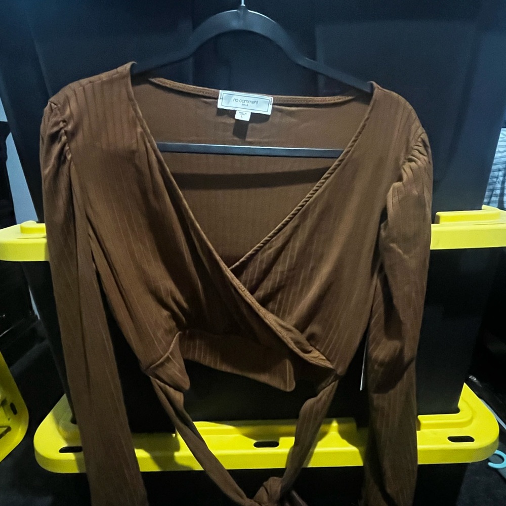 Nooworks Ribbed Brown Wrap-Style Crop Top